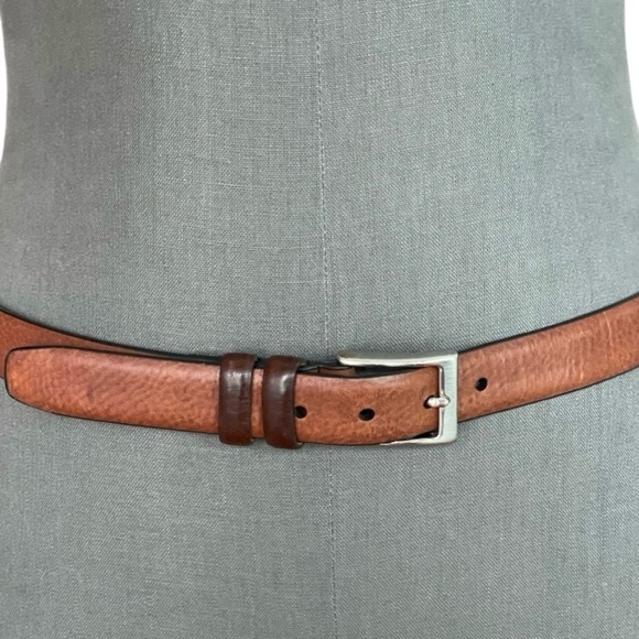 Mens Belt LAND’S END Belt Brown Leather Silver Square Buckle Dress Pants Belt - Picture 1 of 5